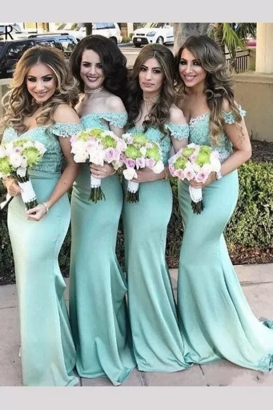 Modern Off the shoulder Mermaid Turquoise Long Bridesmaid Dress