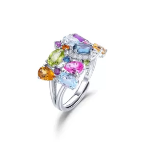 Multi-Gemstone Citrine Amethyst Peridot Topaz Resizable 925 Sterling Silver Ring