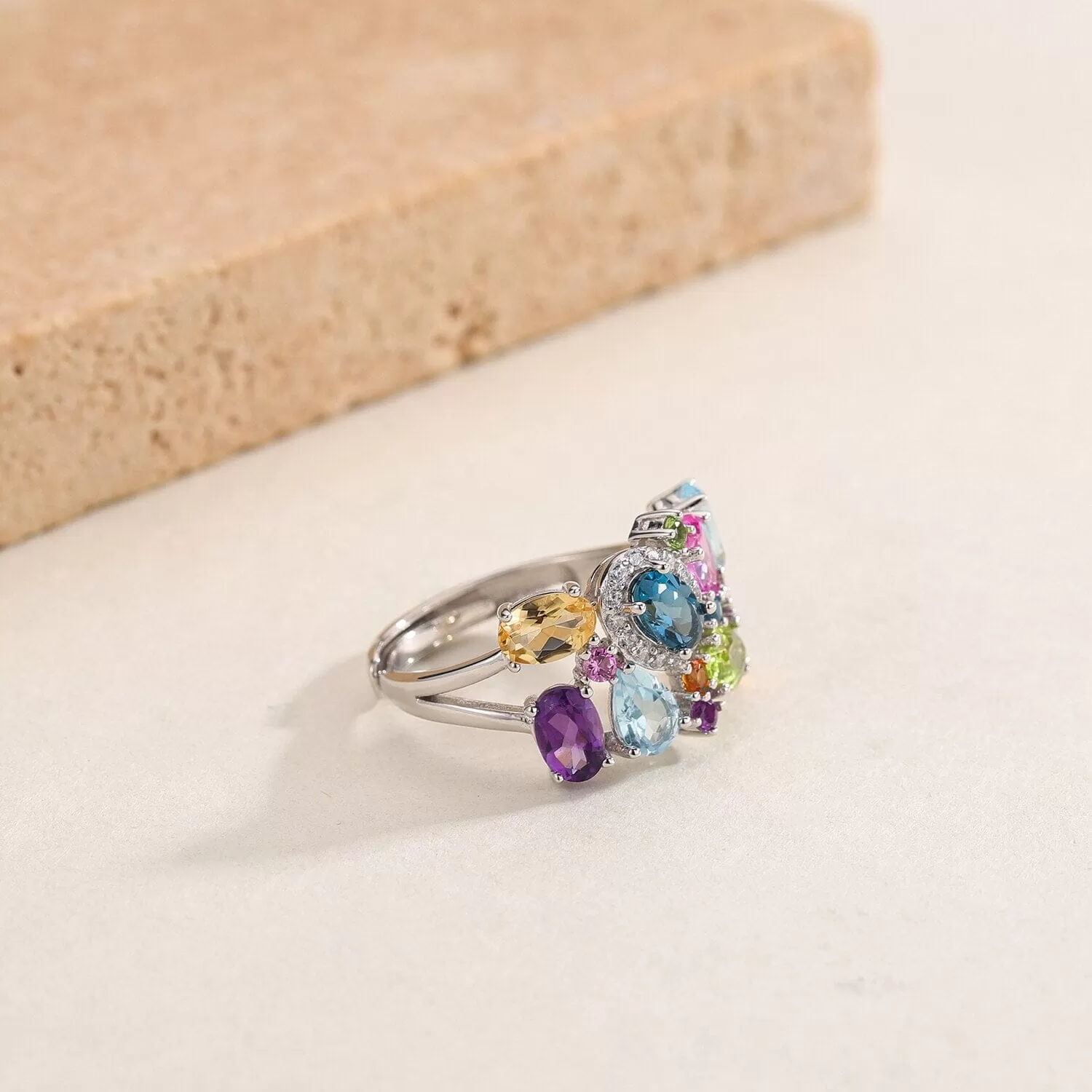 Multi-Gemstone Citrine Amethyst Peridot Topaz Resizable 925 Sterling Silver Ring