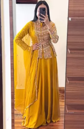 Mustard Yellow Georgette Indo Western Kurti Lehenga 3pc Set