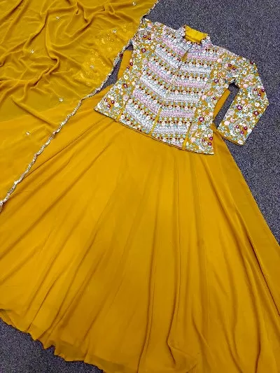 Mustard Yellow Georgette Indo Western Kurti Lehenga 3pc Set