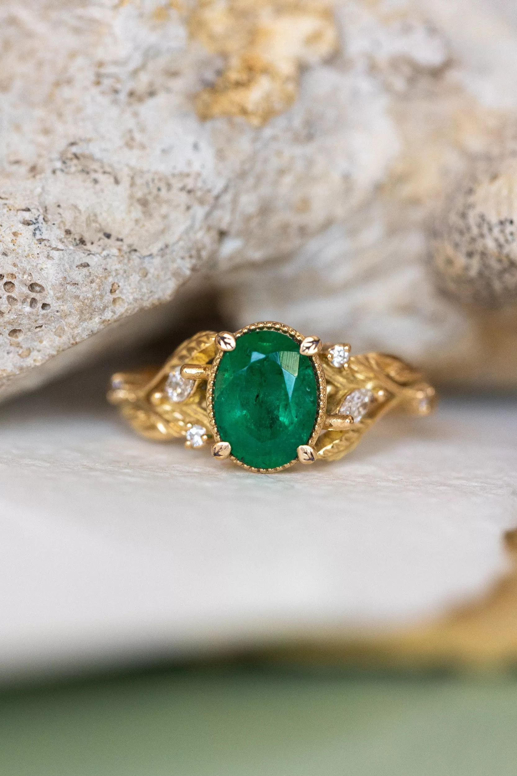 Natural emerald and diamonds engagement ring, gold nature inspired engagement ring / Patricia