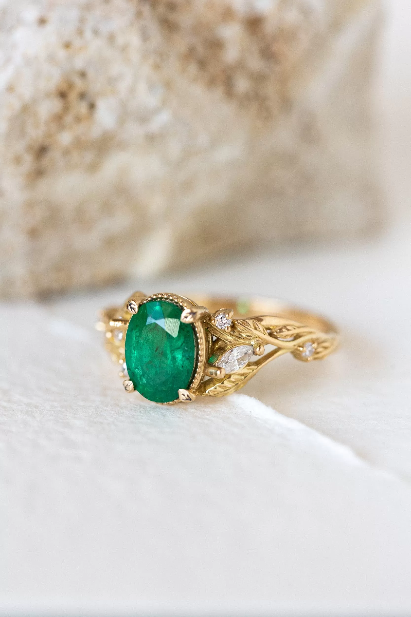 Natural emerald and diamonds engagement ring, gold nature inspired engagement ring / Patricia