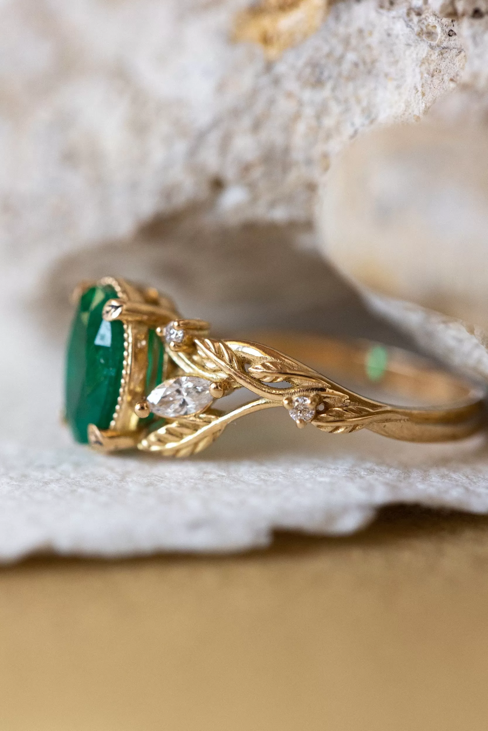 Natural emerald and diamonds engagement ring, gold nature inspired engagement ring / Patricia