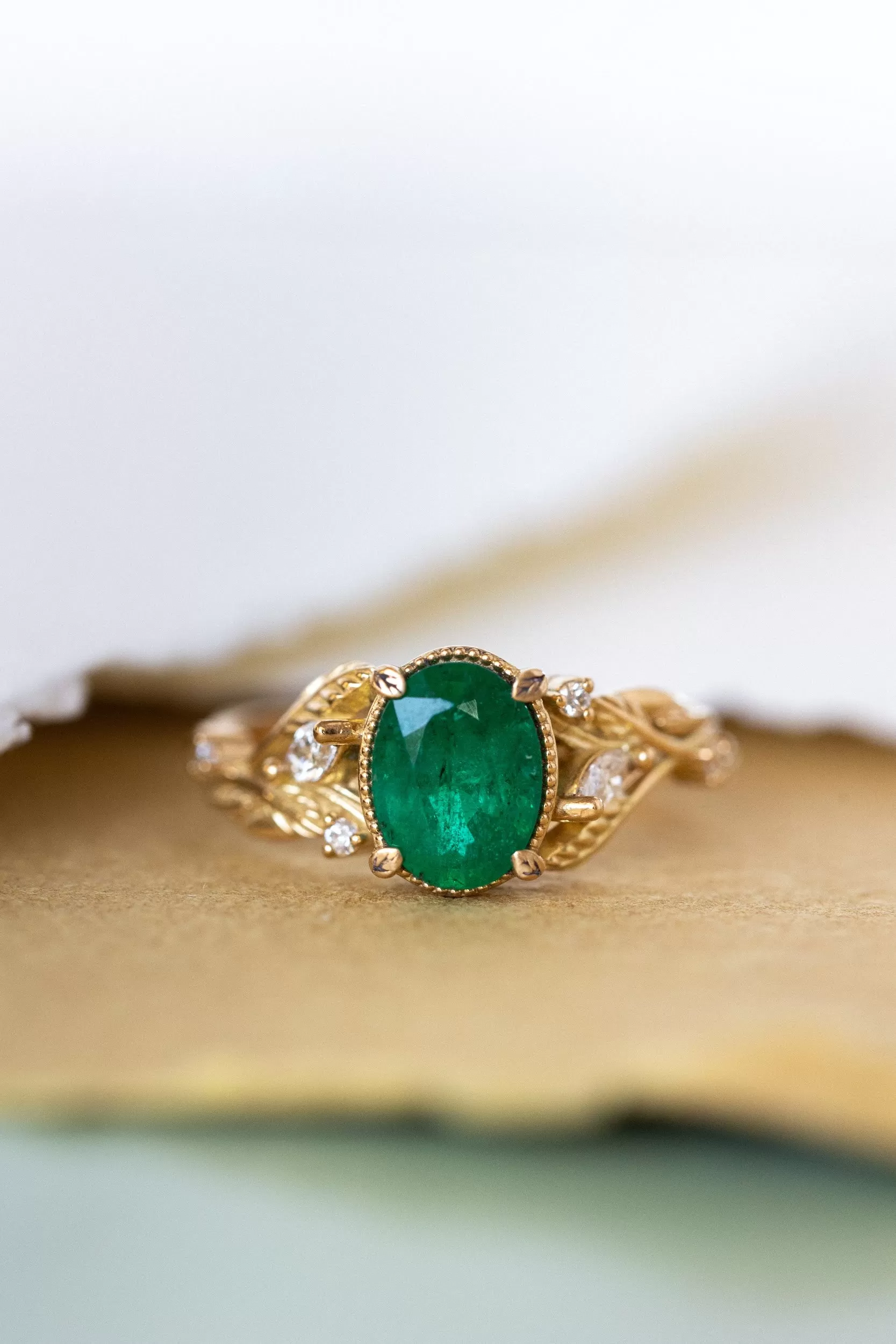 Natural emerald and diamonds engagement ring, gold nature inspired engagement ring / Patricia