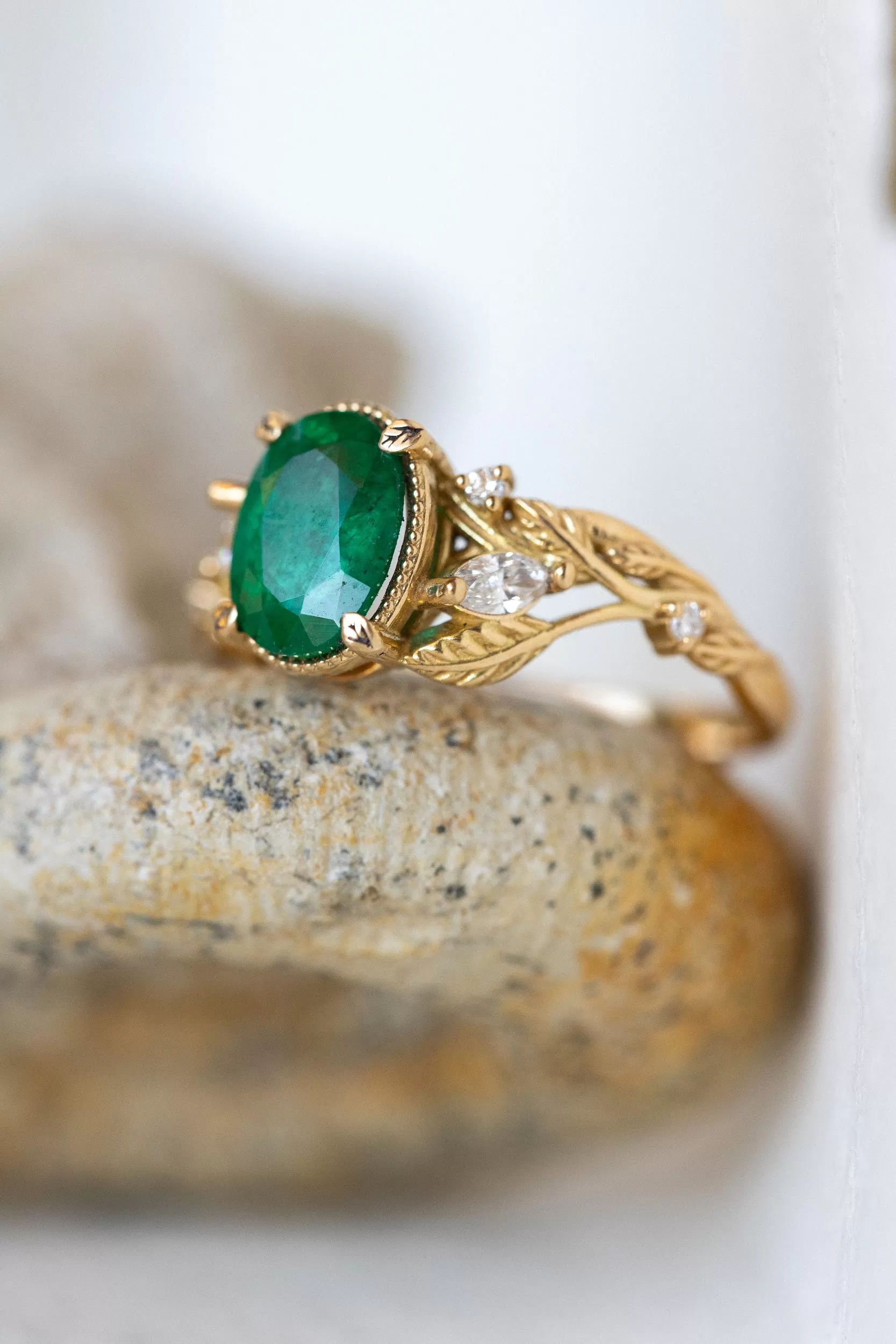 Natural emerald and diamonds engagement ring, gold nature inspired engagement ring / Patricia