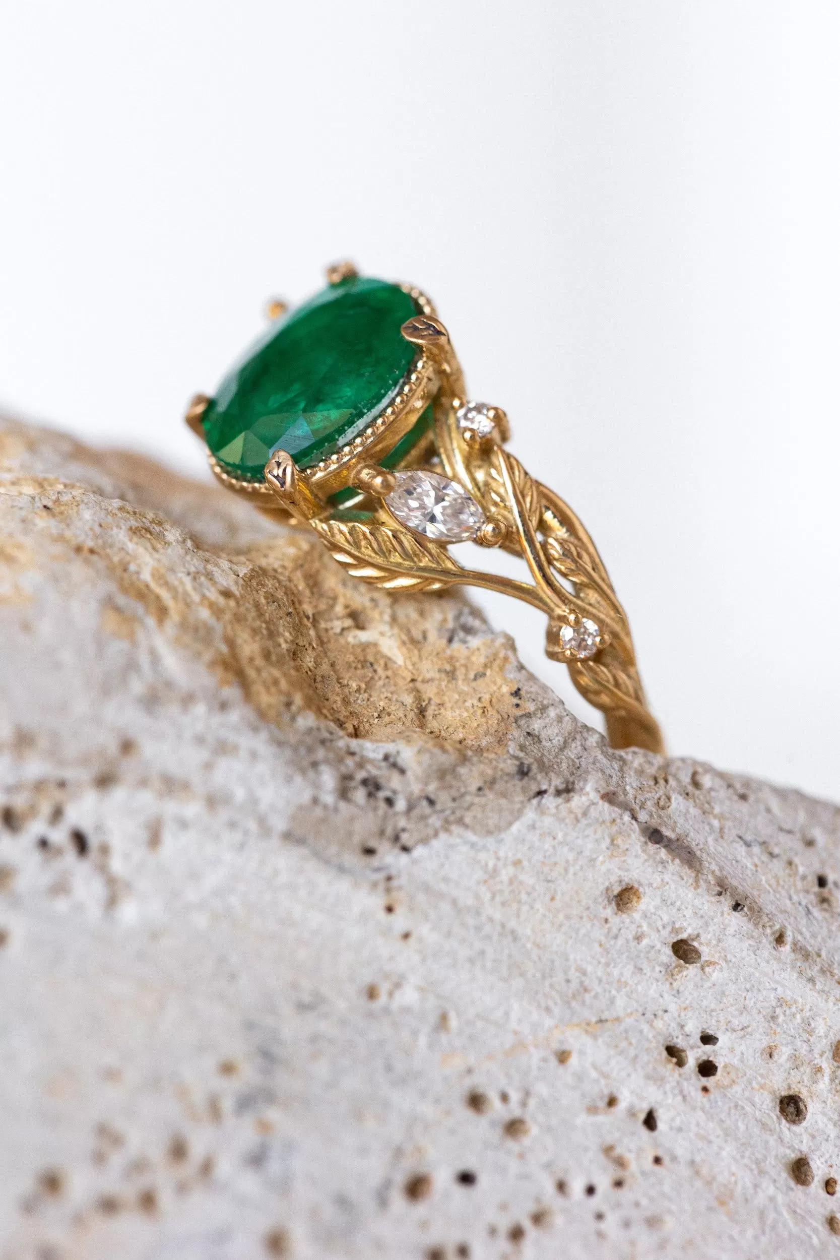 Natural emerald and diamonds engagement ring, gold nature inspired engagement ring / Patricia