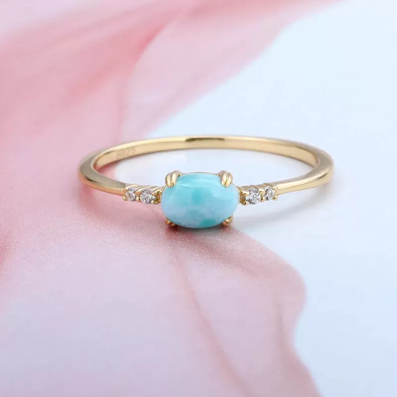 Natural Larimar 925 Sterling Silver Gold Plated Ring