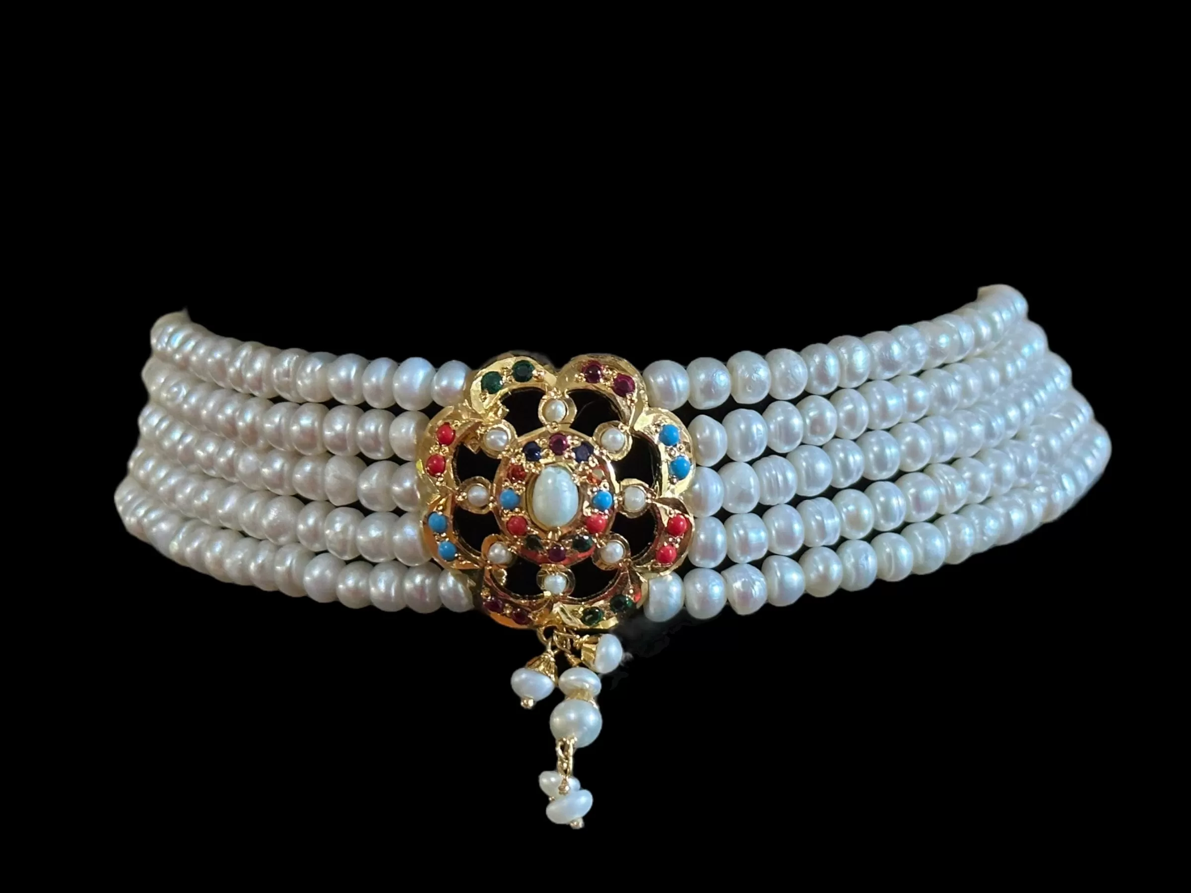 Navratan jadau choker set in fresh water pearls ( READY TO SHIP )