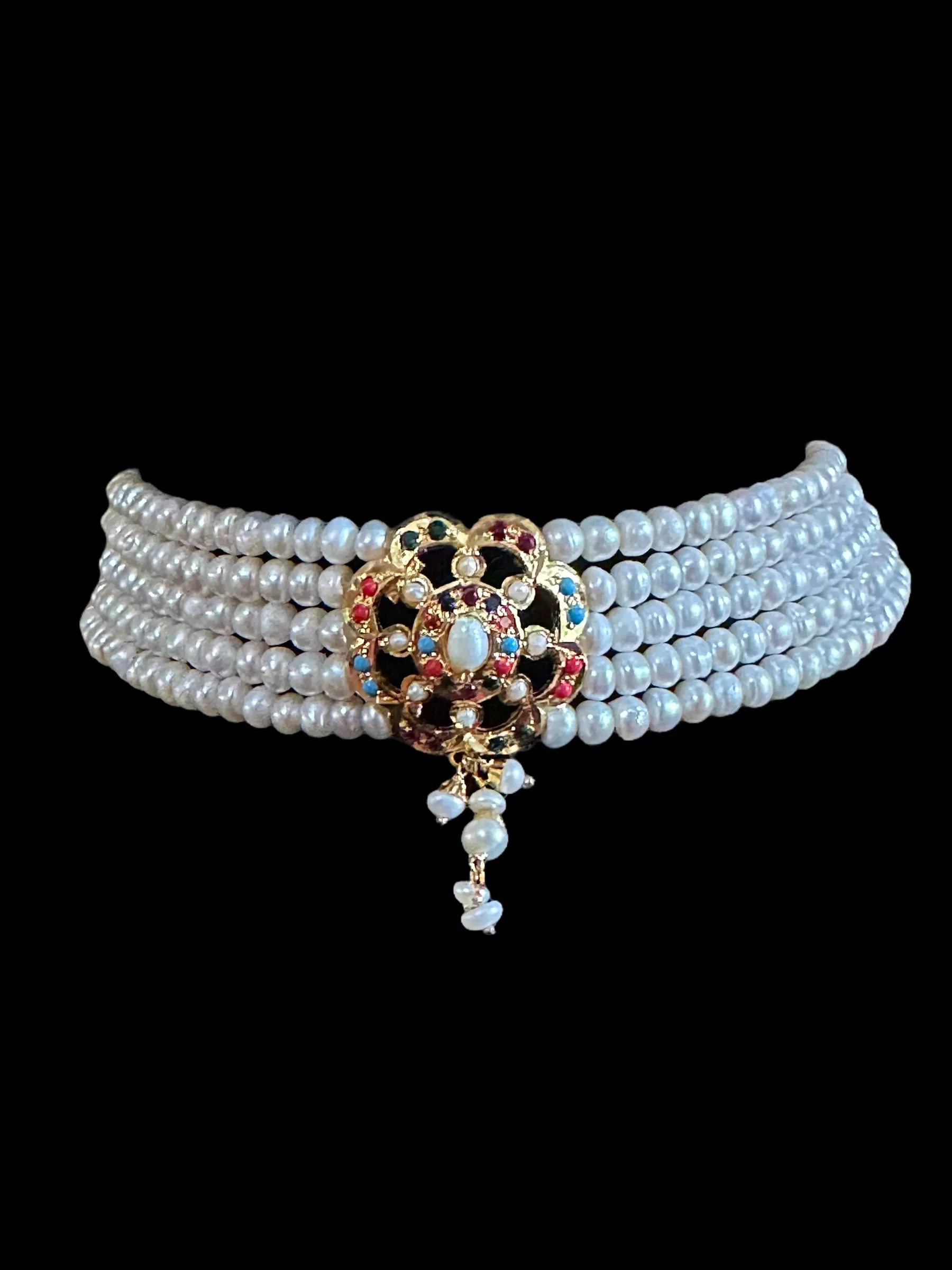 Navratan jadau choker set in fresh water pearls ( READY TO SHIP )