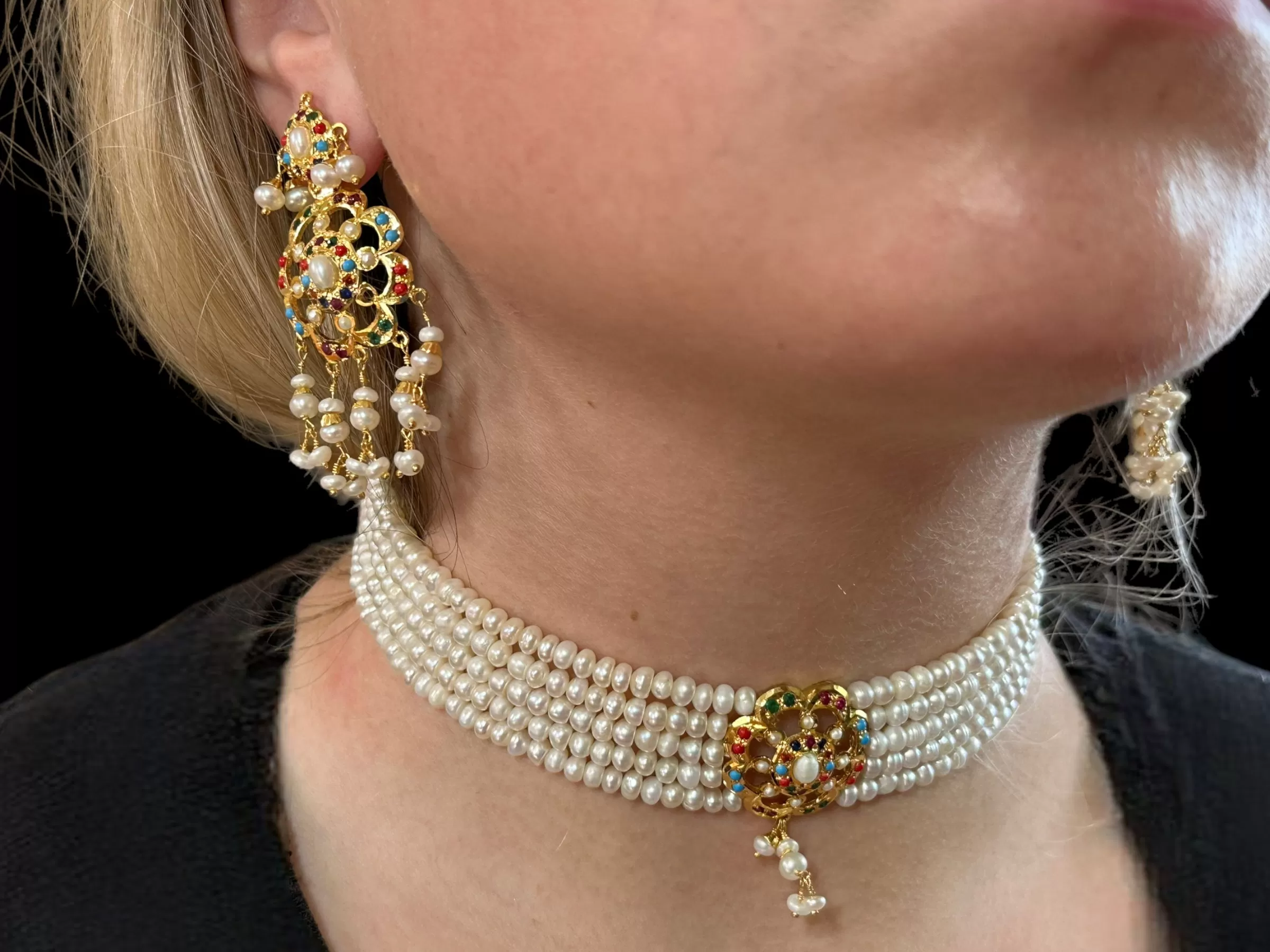 Navratan jadau choker set in fresh water pearls ( READY TO SHIP )