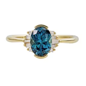 ORDER ONLY: Oval Teal Sapphire Ring with Baguette Diamond Accents