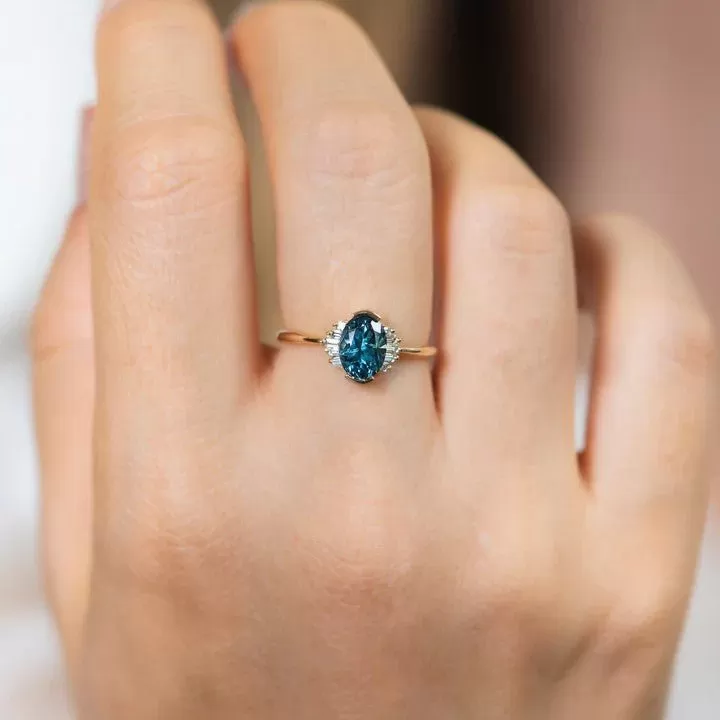 ORDER ONLY: Oval Teal Sapphire Ring with Baguette Diamond Accents