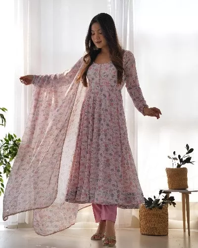 Pastel Blush Pink Chiffon Floral Print Anarkali Suit Set