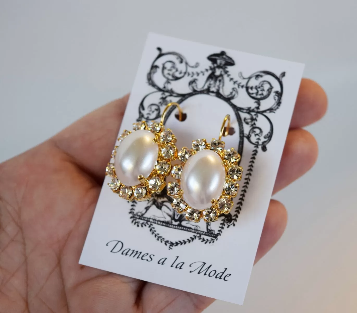 Pearl and Crystal Cluster Earrings - Large Oval