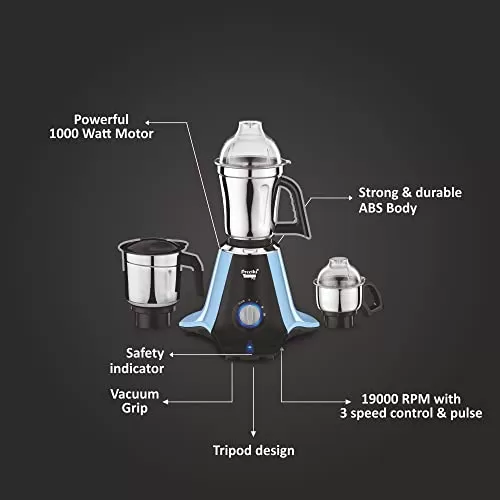 Preethi Taurus Pro MG-259 mixer grinder, 1000 watt, Blue-Black, 3 jars, 2yr Guarantee & Lifelong Free Service