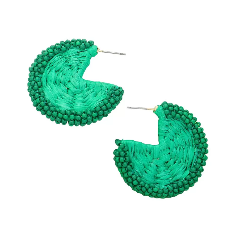 Raffia Wrapped Seed Beaded Round Earrings