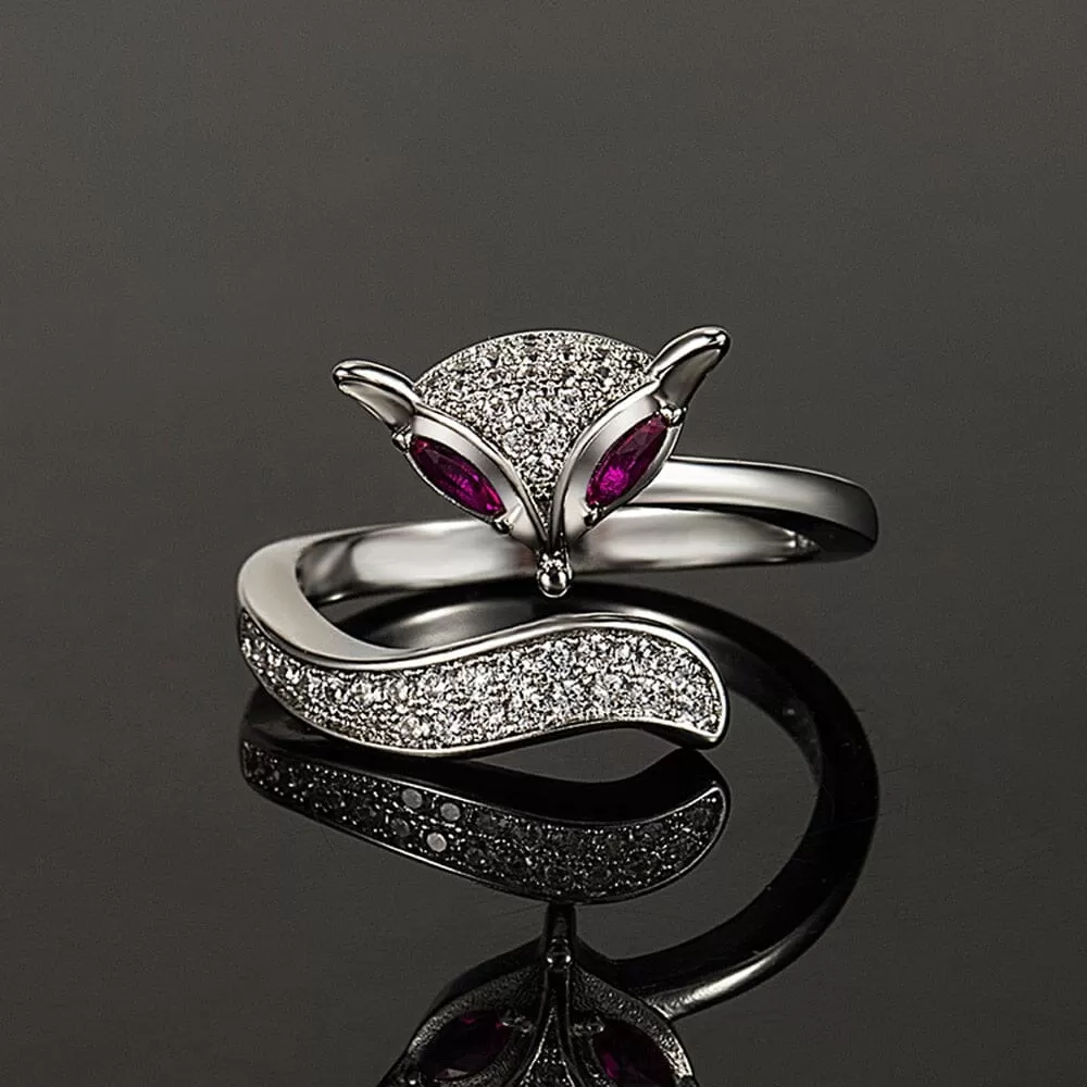 Rose Ruby Little Fox 925 Sterling Silver Resizable Ring