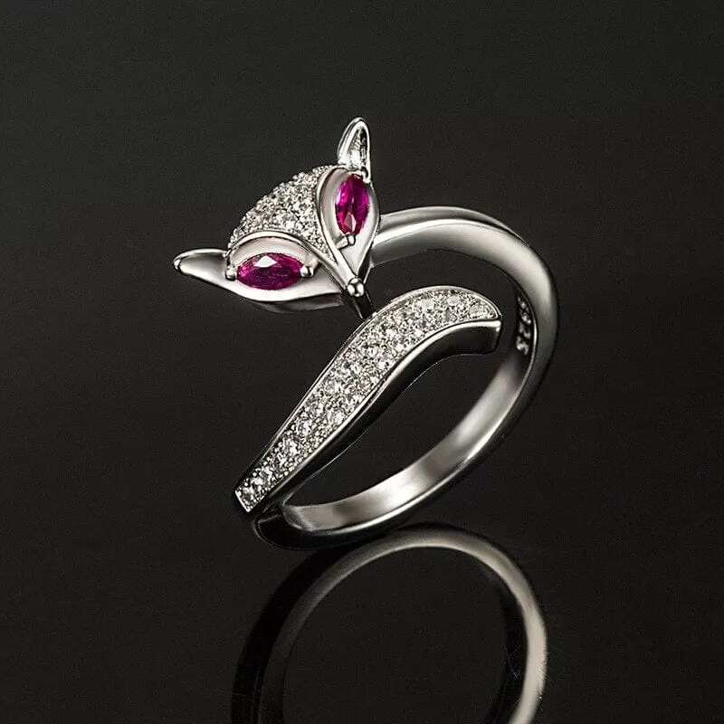 Rose Ruby Little Fox 925 Sterling Silver Resizable Ring