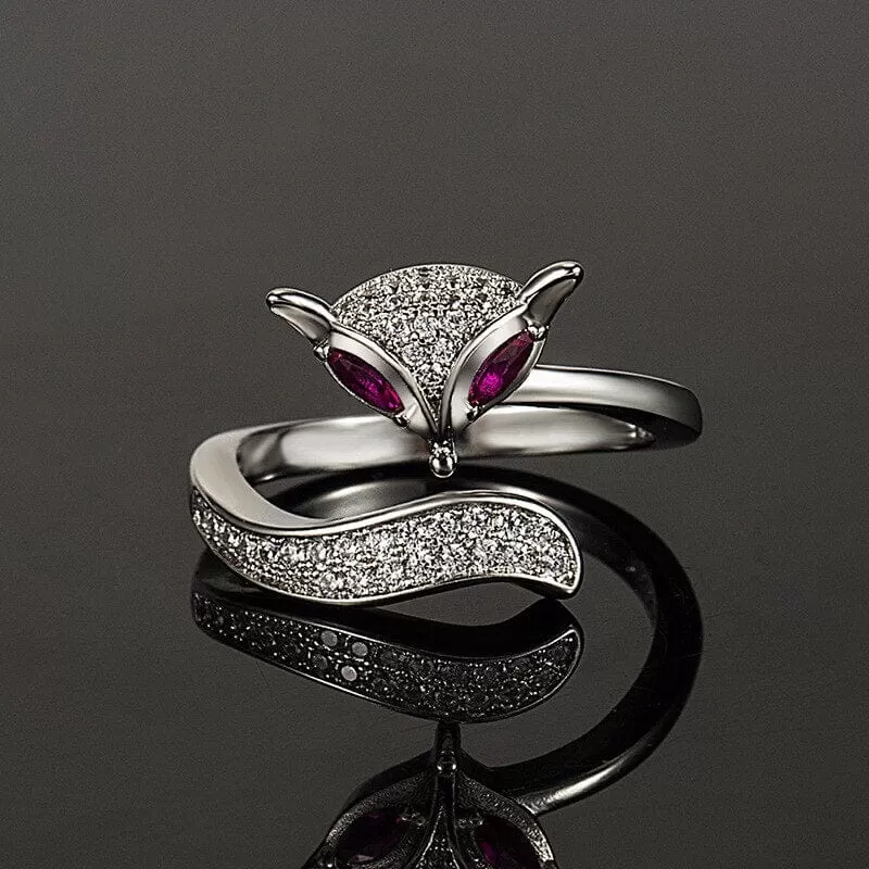 Rose Ruby Little Fox 925 Sterling Silver Resizable Ring