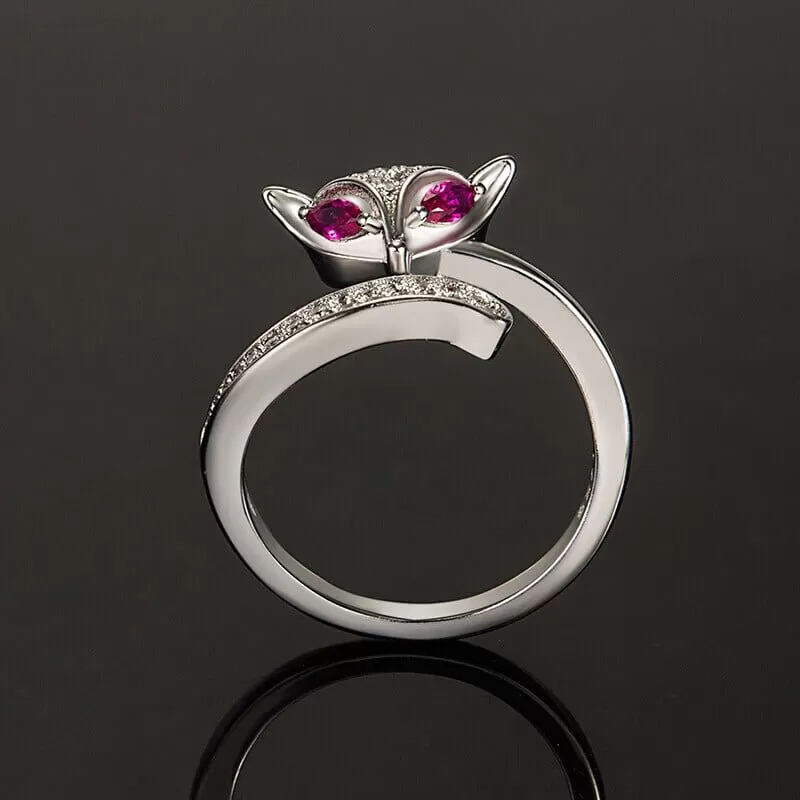 Rose Ruby Little Fox 925 Sterling Silver Resizable Ring