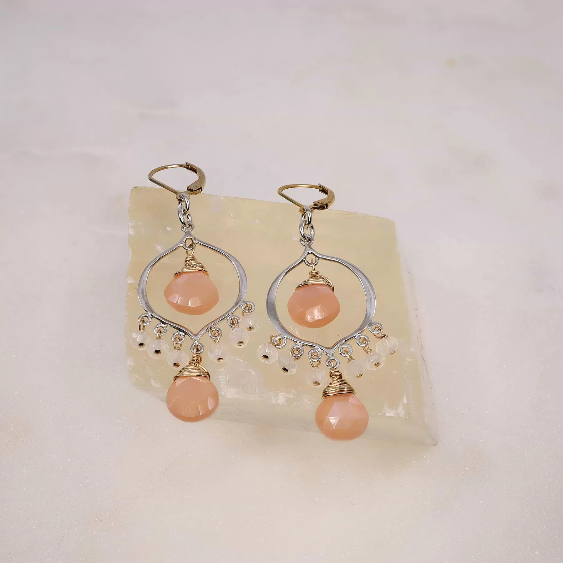 Rosebud First Snow - Moonstone Silver Chandelier Earrings