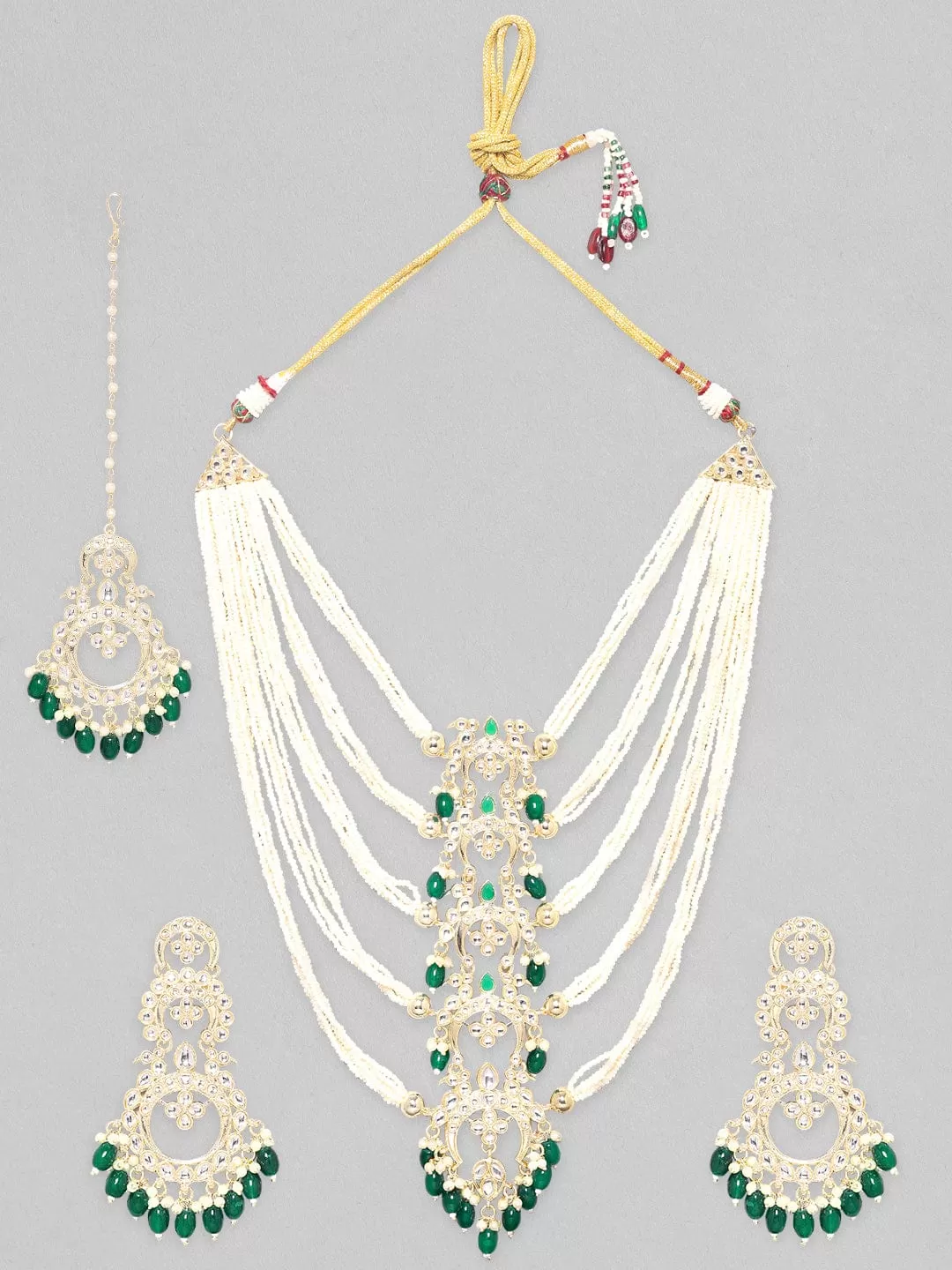 Rubans 24K Gold Plated Kundan Studded Pearl Beaded Long Necklace, Earring & Maangtikka Set