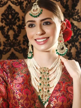 Rubans 24K Gold Plated Kundan Studded Pearl Beaded Long Necklace, Earring & Maangtikka Set