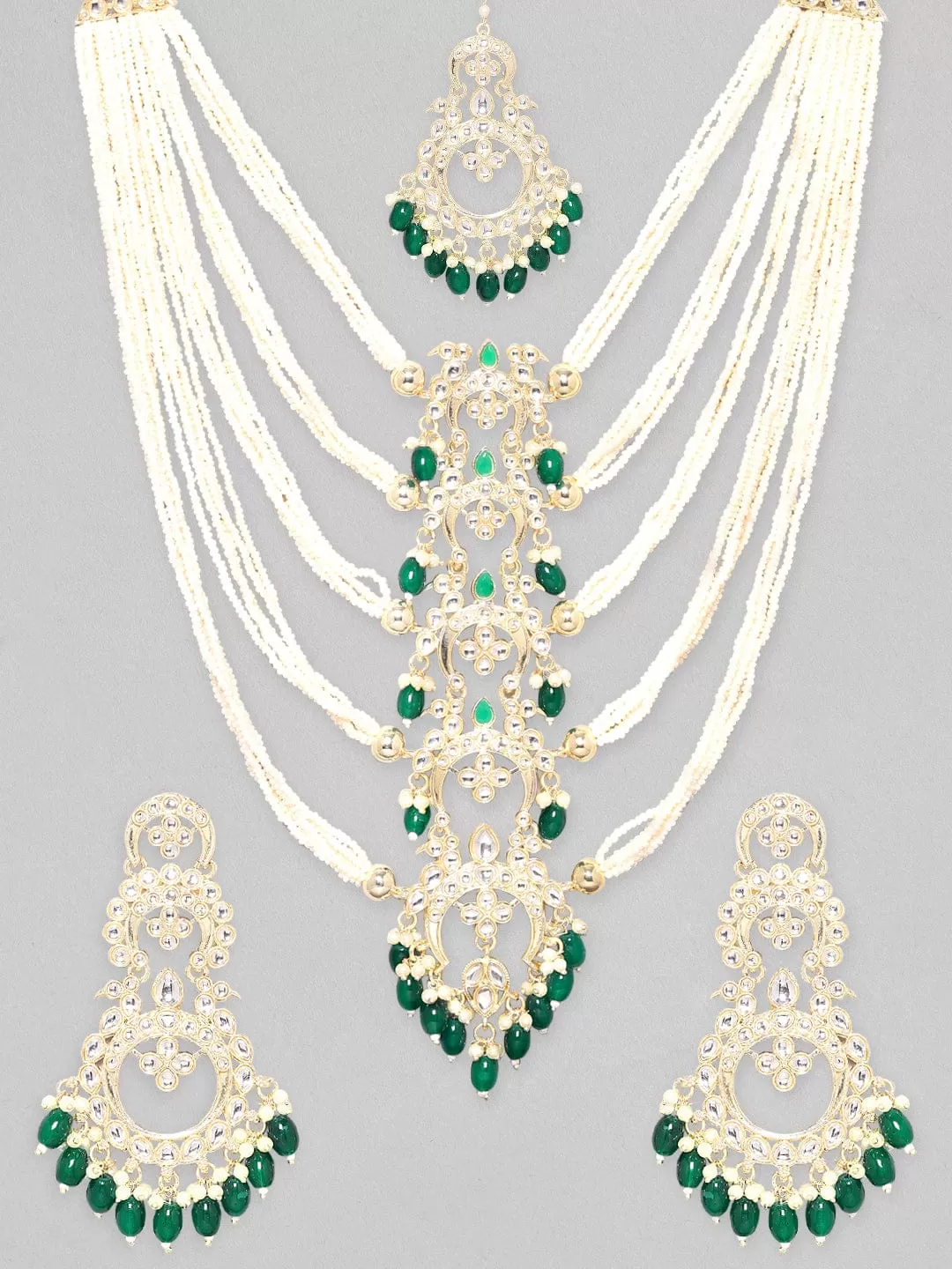 Rubans 24K Gold Plated Kundan Studded Pearl Beaded Long Necklace, Earring & Maangtikka Set