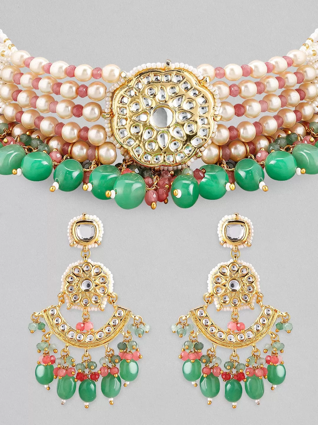 Rubans Luxury Gold Plated Green & Red Beaded Kundan Necklace Set