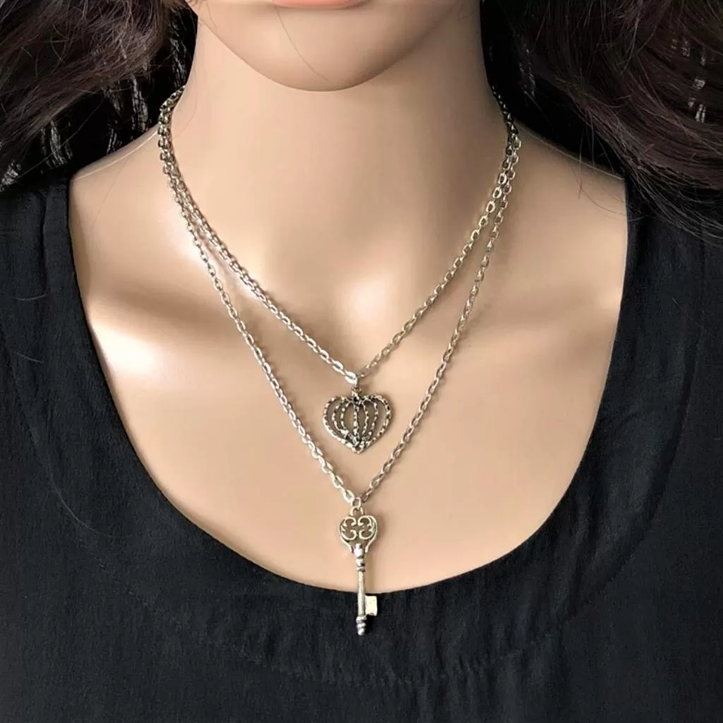 Silver Key and Heart Layered Necklace