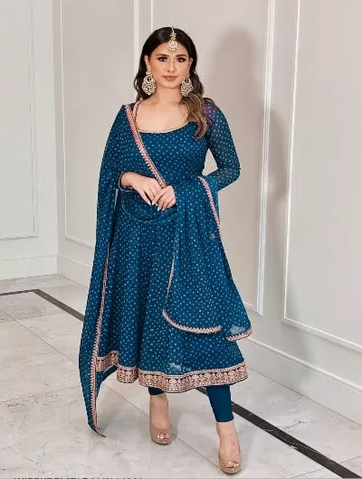 Teal Blue Georgette Polka Dot Salwar Suit with Dupatta