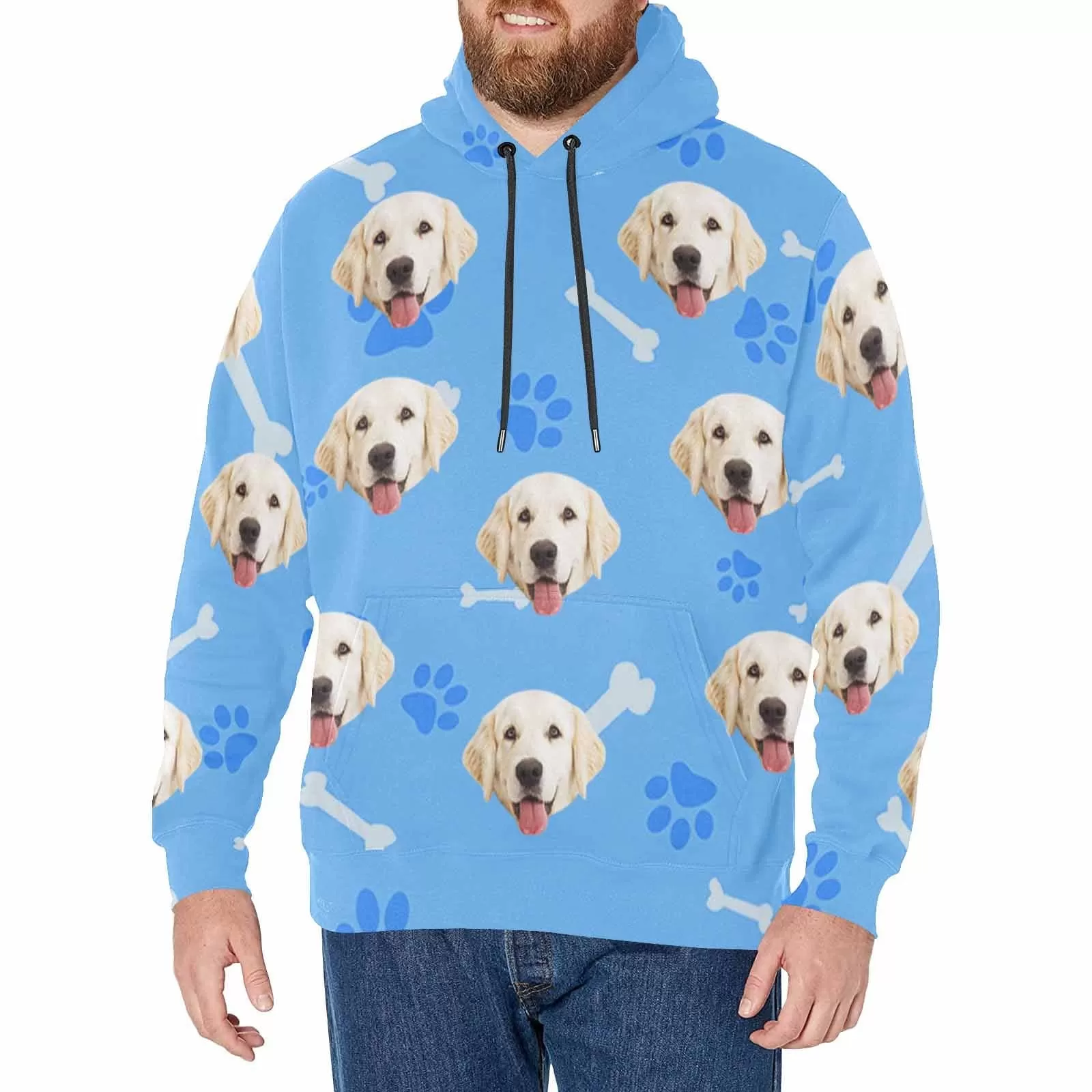 [Thickened Fabric] Custom Pet Face Dog Bone Paw Print Blue Men's Fleece Thickened Hoodies Personalized Turtleneck Pullover Hooded Design Your Own Hoodie