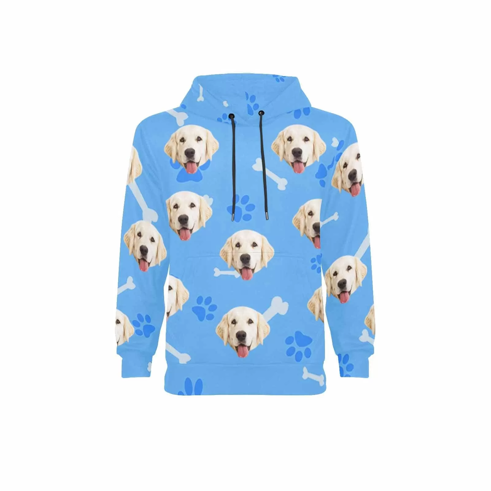 [Thickened Fabric] Custom Pet Face Dog Bone Paw Print Blue Men's Fleece Thickened Hoodies Personalized Turtleneck Pullover Hooded Design Your Own Hoodie