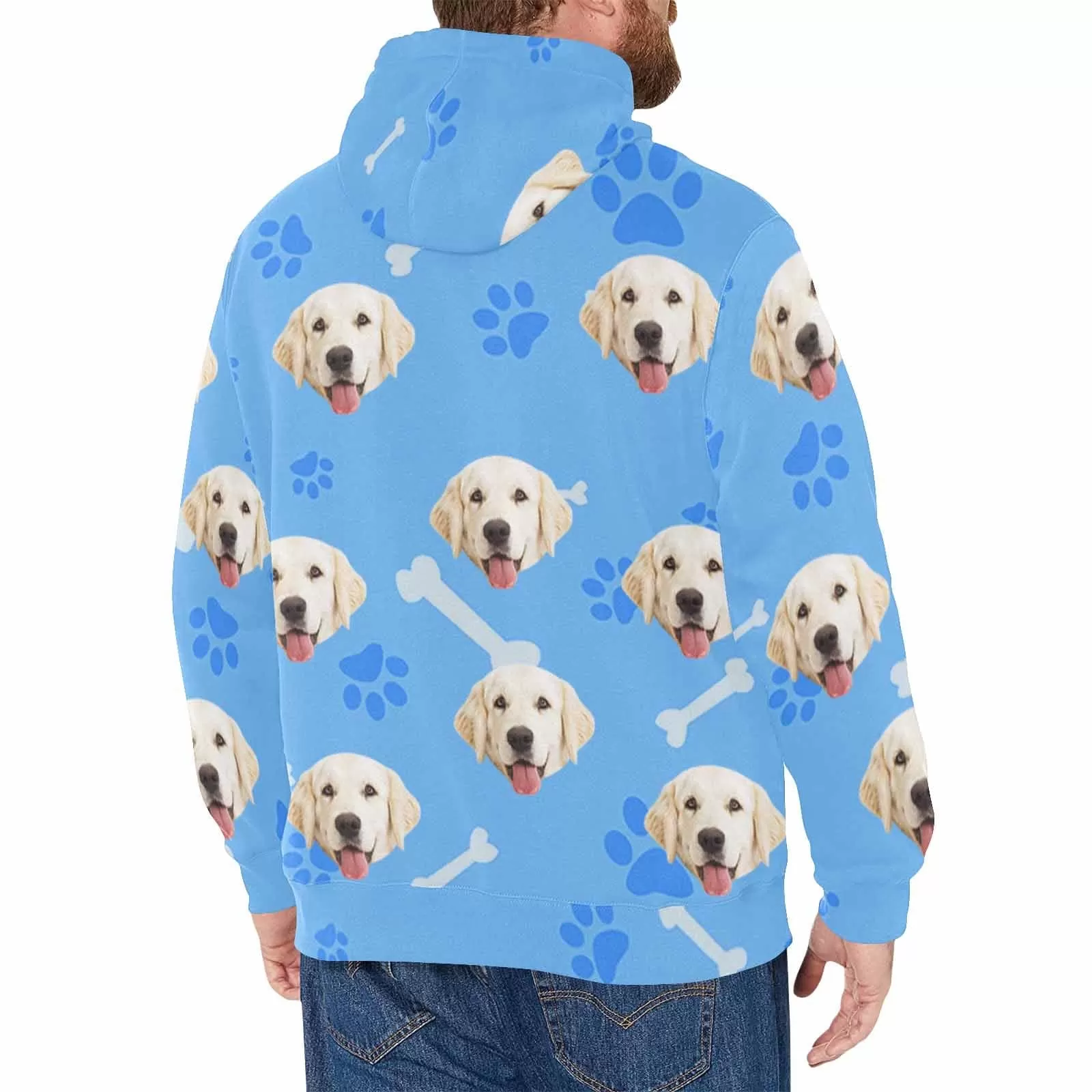 [Thickened Fabric] Custom Pet Face Dog Bone Paw Print Blue Men's Fleece Thickened Hoodies Personalized Turtleneck Pullover Hooded Design Your Own Hoodie