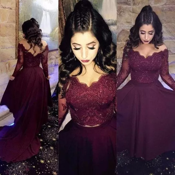 Two Pieces Lace Burgundy Assymetrical Long Dress Evening Dresses Prom Dresses