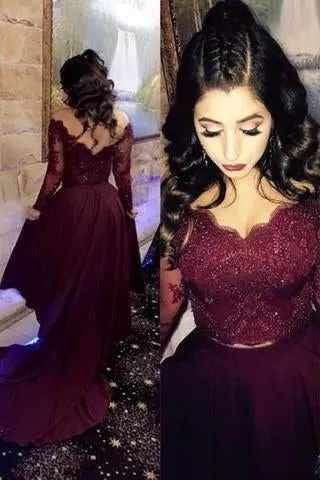 Two Pieces Lace Burgundy Assymetrical Long Dress Evening Dresses Prom Dresses