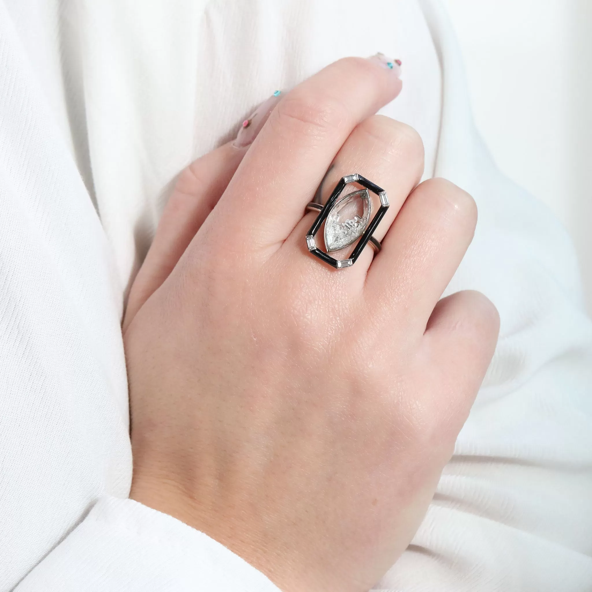 White Gold Palladium Black Enamel & Marquise Diamond Shake Ring