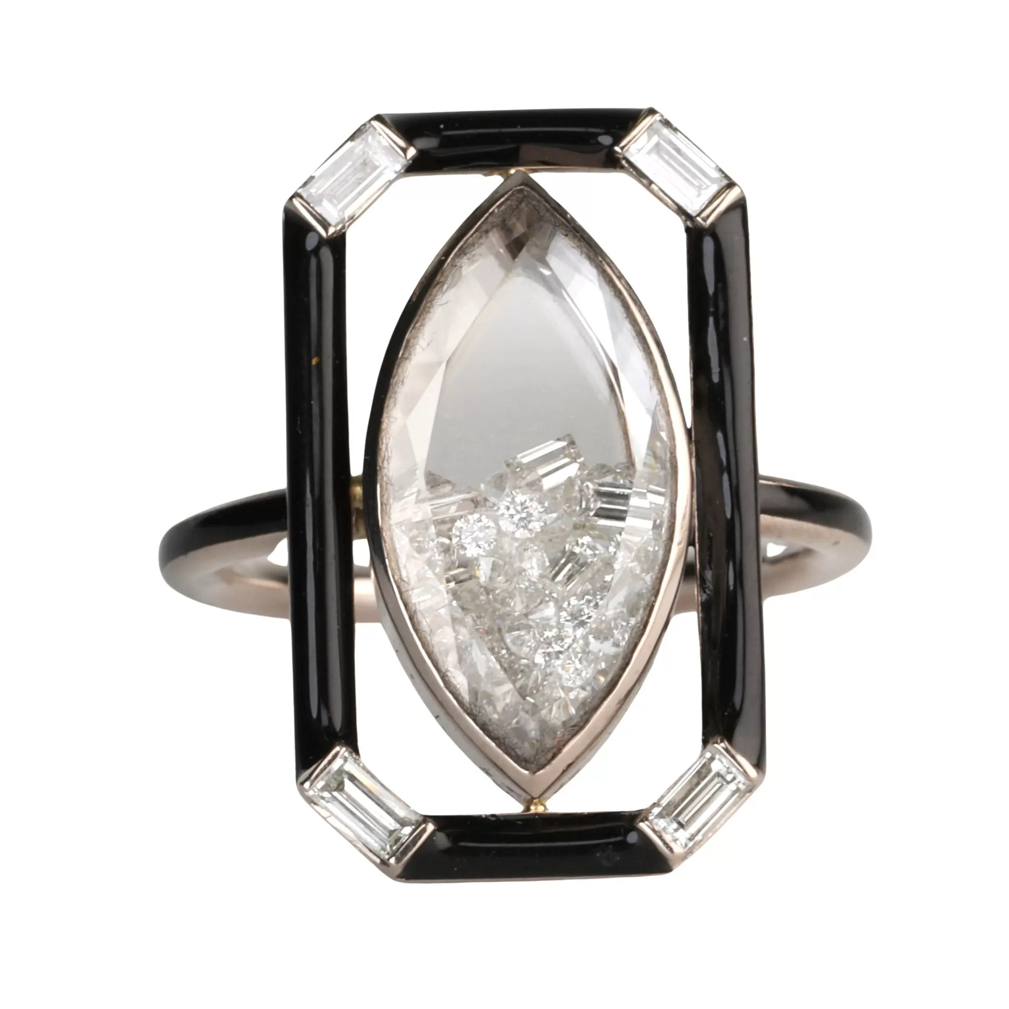 White Gold Palladium Black Enamel & Marquise Diamond Shake Ring