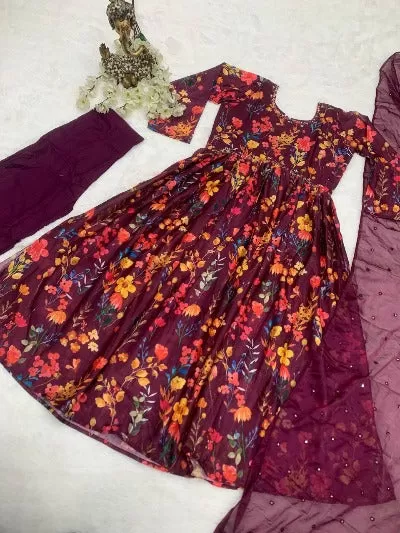 Wine Chinon Floral Print Handwork Anarkali Suit Set