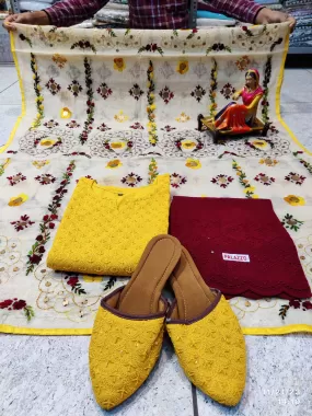 Yellow and Maroon Ensemble 4 Pc With Jutti , Chikankari Kurti Pallazo and Elegant Mirror work Dupatta